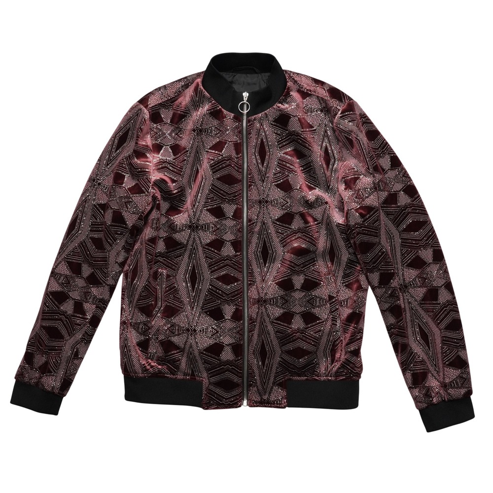 INC International Concepts Bomber Jacket Womens Medium Burgundy Velvet Geometric